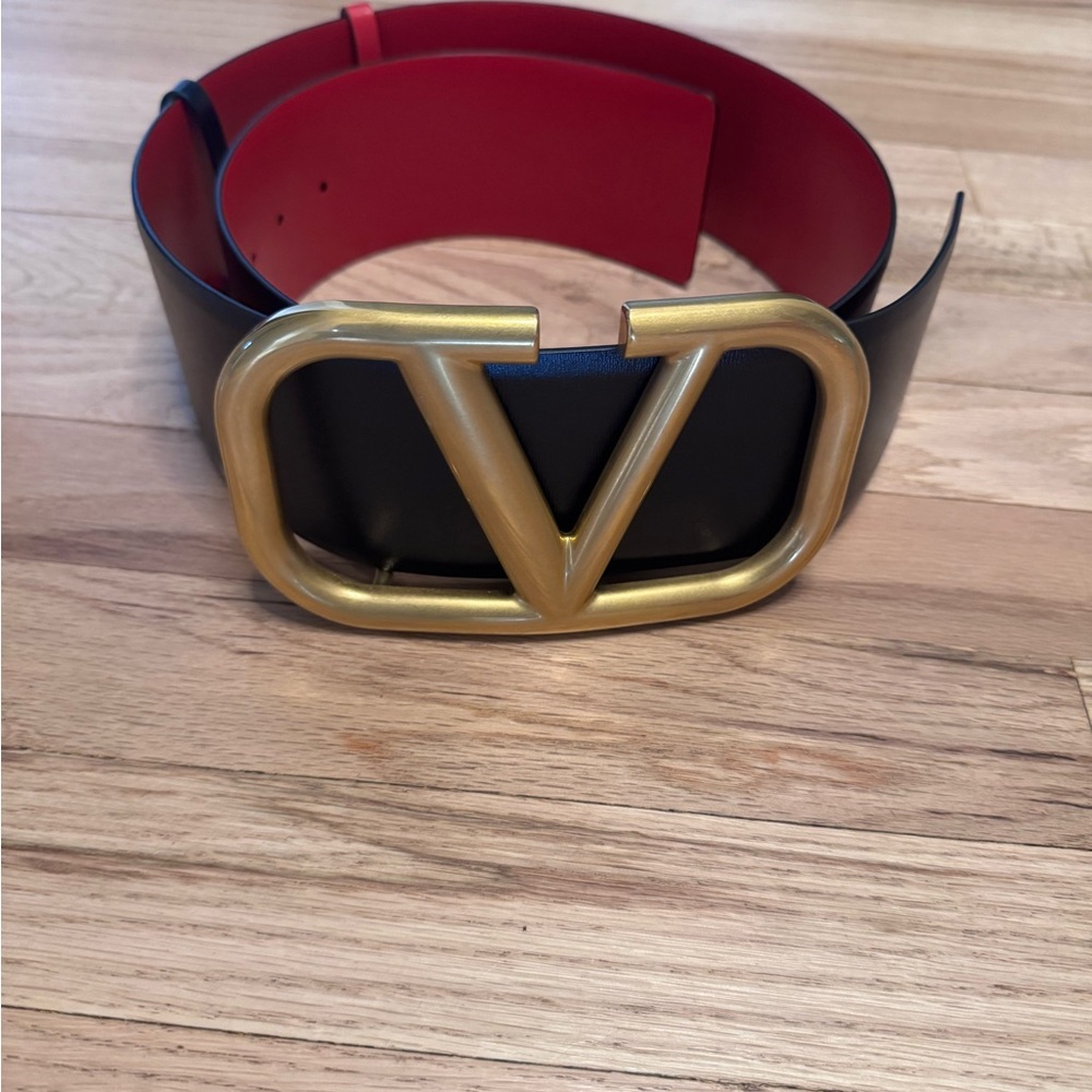 Oversized Valentino Black and Red Belt with Gold Buckle